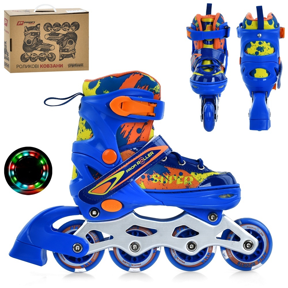 Ролики A4149-S-BL (31-34) розсувні,шнурівка+бакля,алюм.рама,колесаПУ64мм світло,устілка 19см.,синій