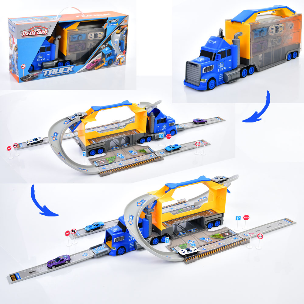 Трейлер 660-S46  2в1 (гараж-трек), машини(метал) 4 шт., дорожні знаки, кор., 46-21-12,5 см.