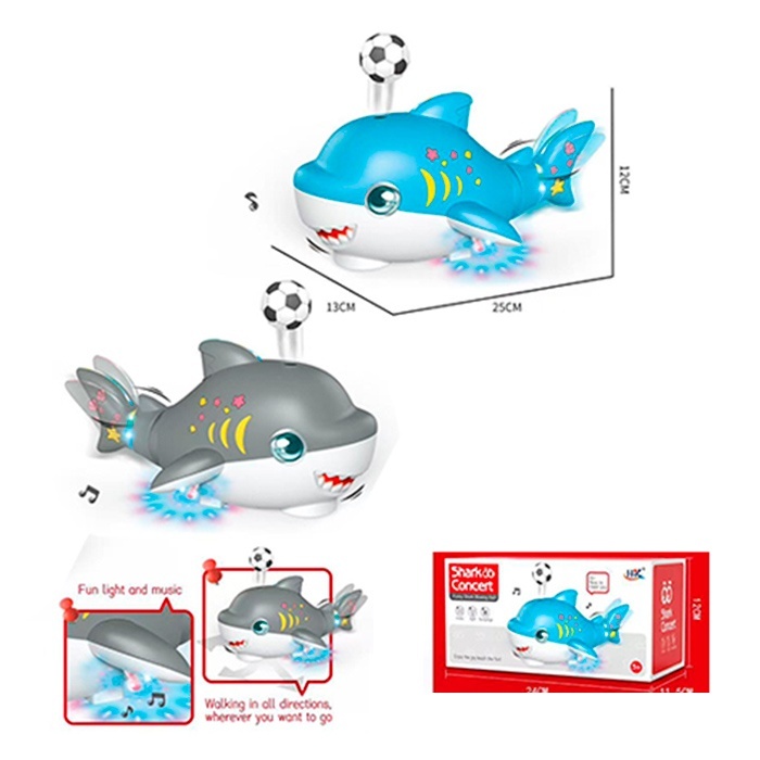 Музична іграшка 683B акула,25см, муз.,світло,їздить, видуває повітря, м'яч 2шт,бат.,кор.24-12-11,5см