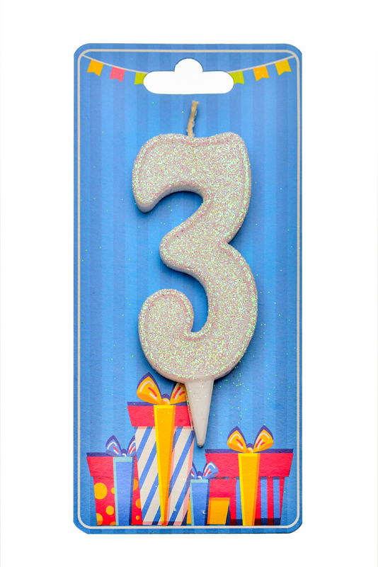 Свічка для торта  "Цифра 3" біла блиск
