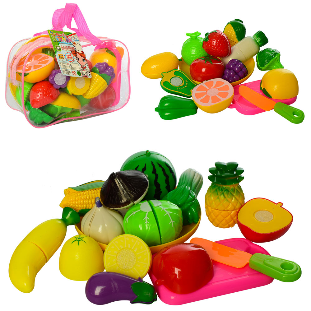 Фотография 1 товарной позиции интернет-магазина детских игрушек www.smarttoys.com.ua Фрукти 2018А овочі, на липучці, тарілка, дощечка, ніж, 2 види, сумка, 22-14-7 см.
