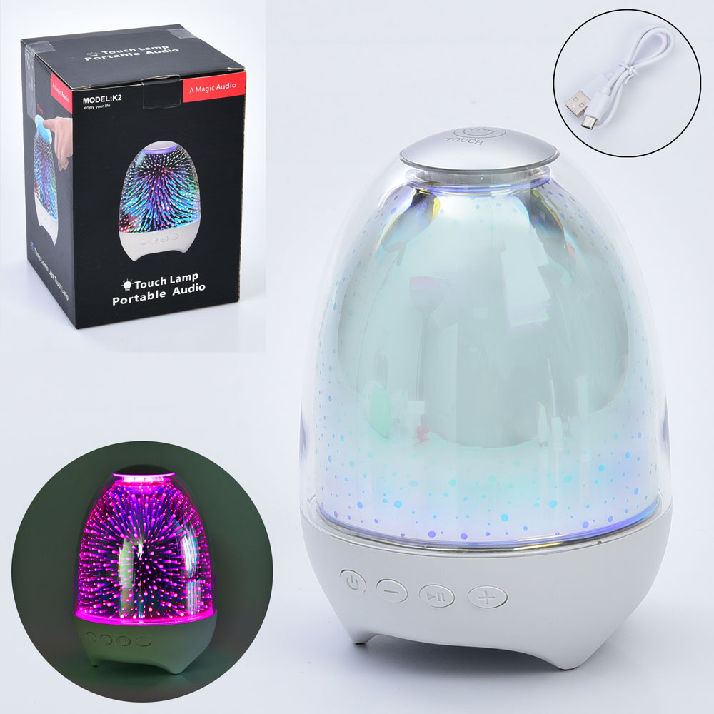 Колонка K2 акум., TFслот, FM, USB, світло (сенс.поверхн.-міняє колір), кор., 12-17-12 см.