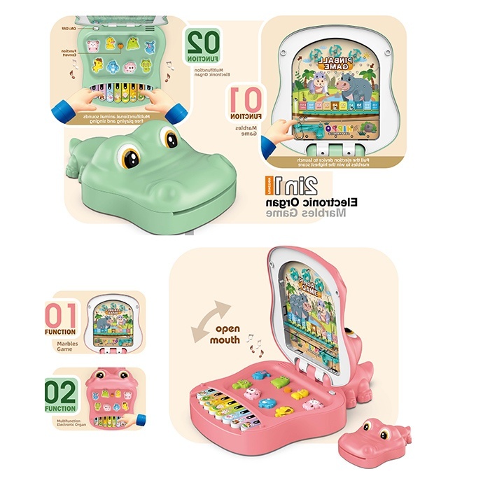 Піаніно 8871B бегемот,2в1,звуки тварин,змін.реж.,2 кольори,муз.(англ.),світло,бат.,кор.,33-23-10,5см