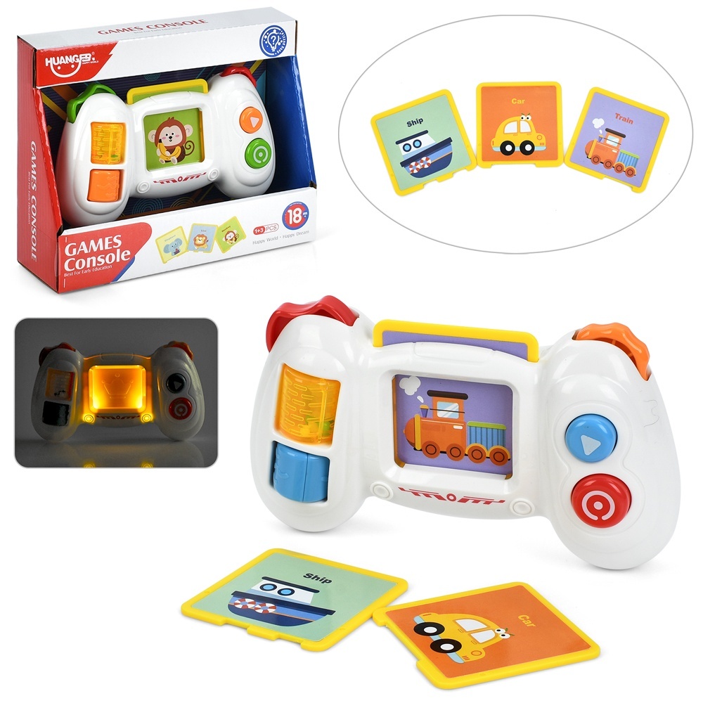 Пульт HE0554 навчальний, картки 3 шт. (тварини,транспорт),брязкальце,мікс кольорів,муз.,світло,бат.