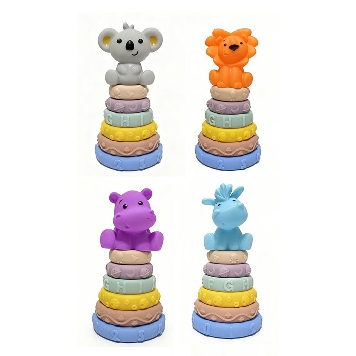 Пірамідка KM331-1-2-3-4 17см,тварина(пискав),кільця6шт(текстур,пазли)м'яка,4в.у сіт.10-32-10см