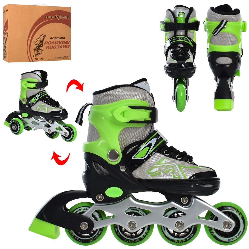 Ролики A 4148-XS-GR (27-30) розсув.,шнур.+бакля,ал.рама,кол.ПУ64мм-1світ.,комбо,зелений,кор.,34,5-27