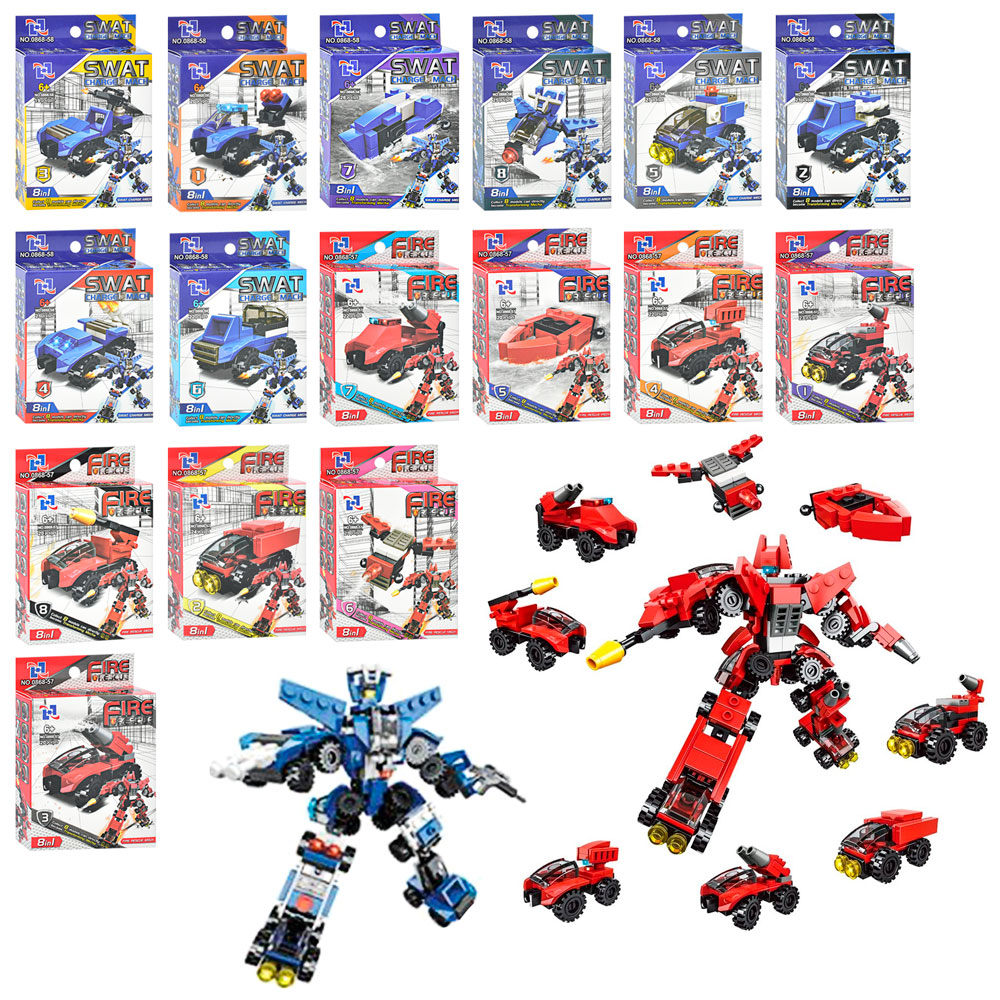 Конструктор 0868-57-8 поліцейські, пожежні, 8в1, від 27 до 19 дет., 16 видів, кор., 13,5-9,5-2,5 см.