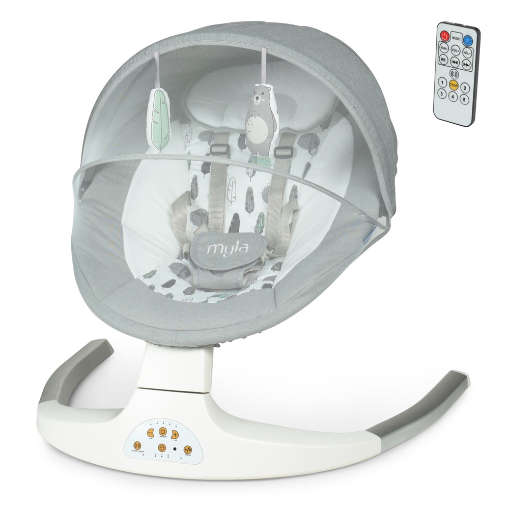 Центр-гойдалка ME 1074 MYLA Soft Mint пульт,5швид.,таймер,12мелод.,USB,2пол.,сірий+зелен.