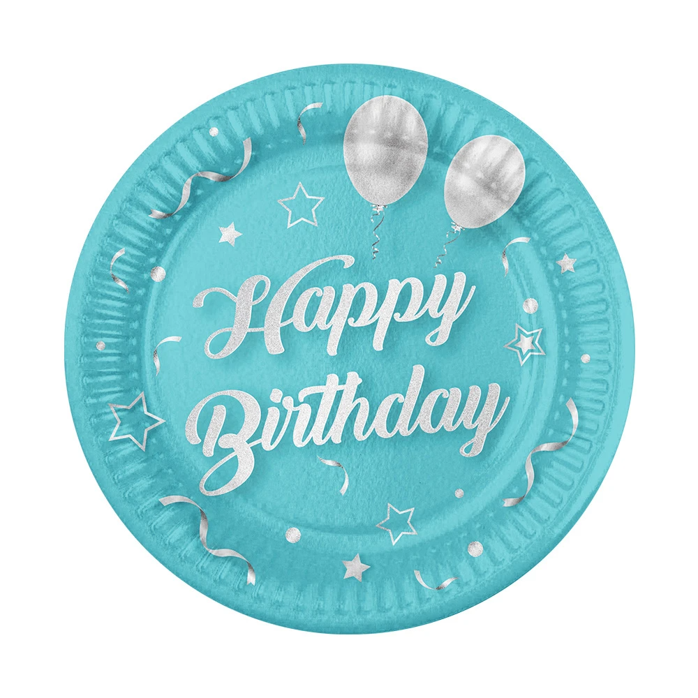 Набір тарілок "Happy Birthday" кульки на блакитному 10 шт