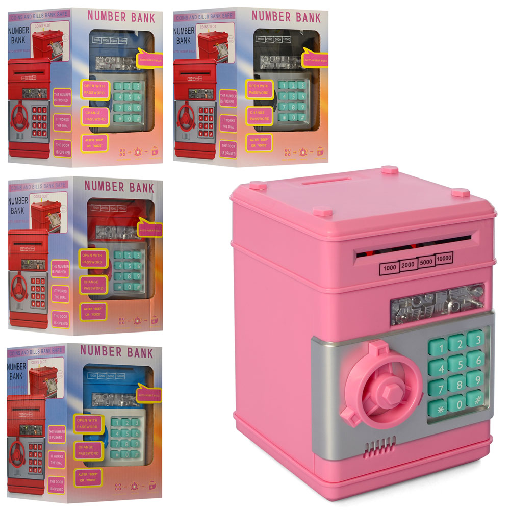 Скарбничка MK 4524 сейф з кодом, затяг.купюри, мікс кольорів, муз., світло, бат., кор., 15-21-15см.