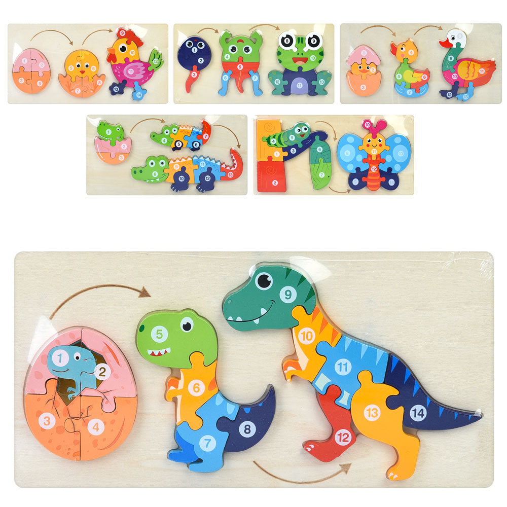 Дерев'яна іграшка Пазли MD 1970 Життєвий цикл, 3в1,6видів(метлик,крокодил,півник,качка,жаба,динозавр