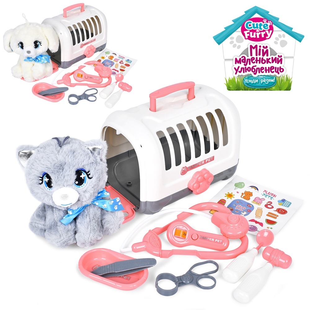 Тварина в переносці 939-50A набір ветеринара,тварина-м'яка іграшка,плюш,наліпки,2види,кул.,22-16-16с