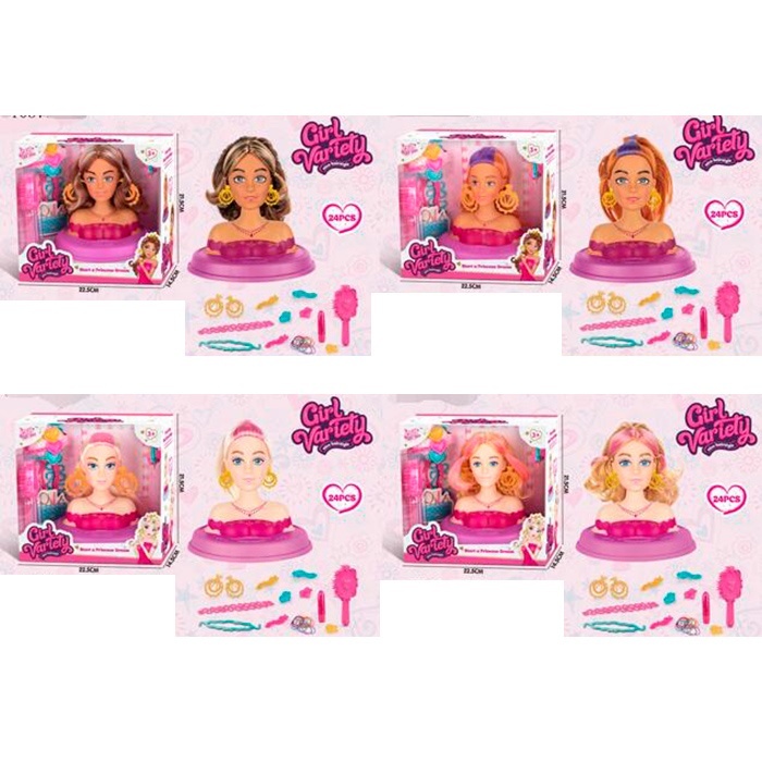 Лялька голова для зачісок YL6802-1-03-1-2 набір перукаря,гребінечь,заколки,аксес.,4види,кор.,22,5-22