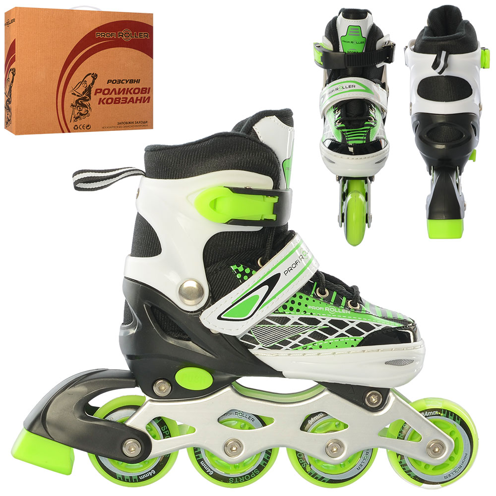 Ролики A 4140-S-GR(31-34) розсув., шнурівка+бакля, ал.рама, кол.ПУ64мм, 1світло, зелений, кор.