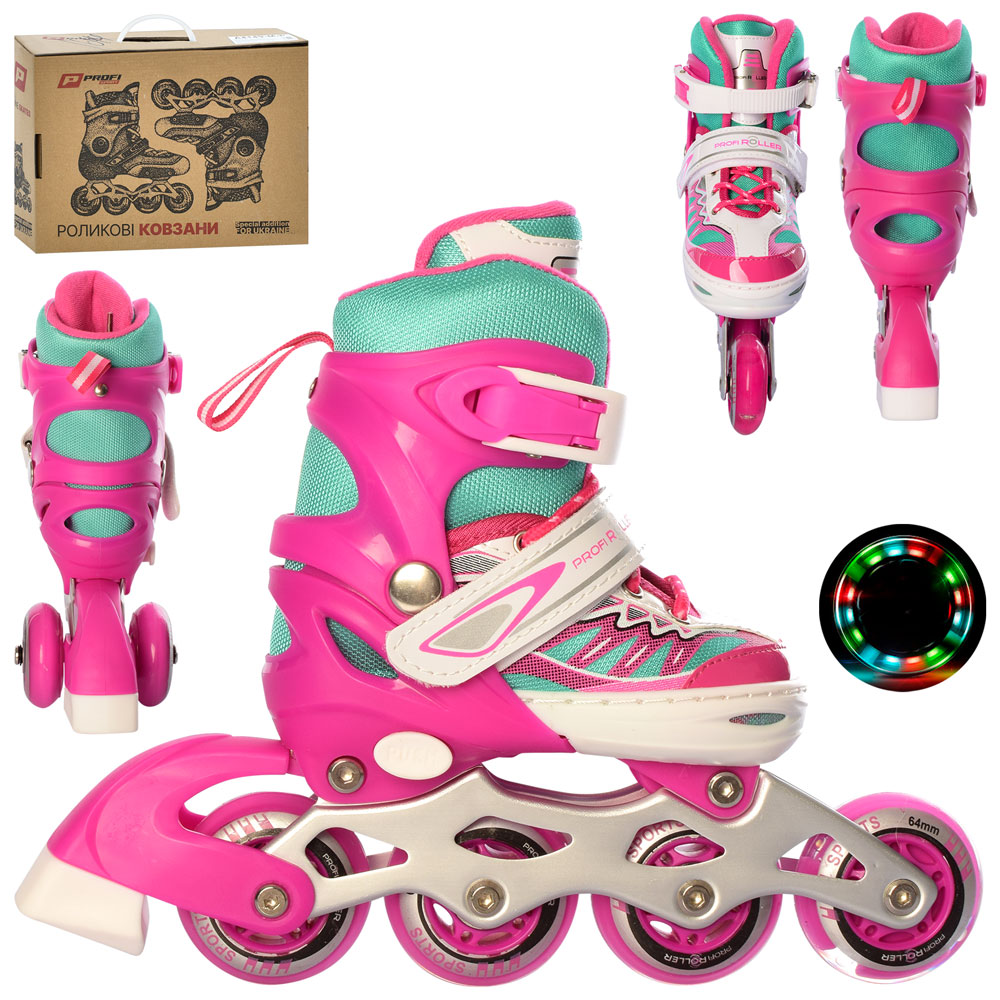 Ролики A 4122-XS-P(27-30) розсув,шнур+бакля,ал.рама,колПУ64мм,1світ,рожев.,комбо,кор.35-27,5-10,5см.