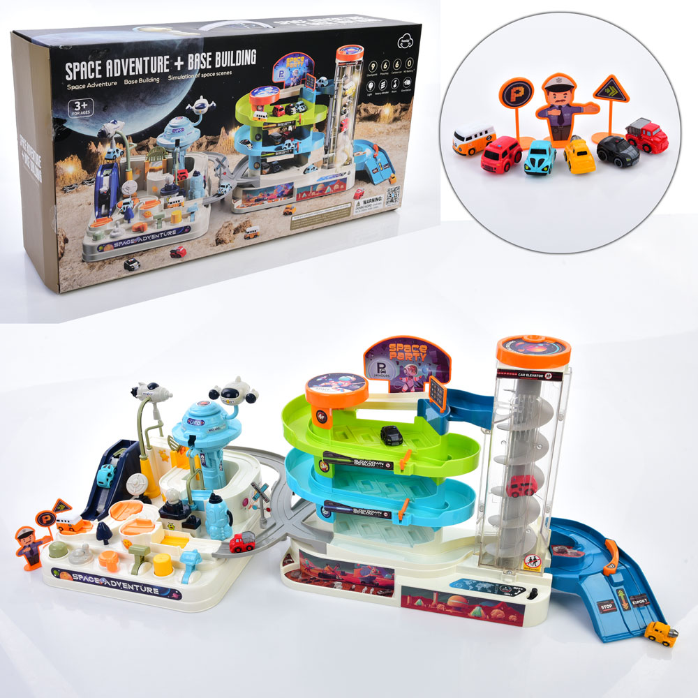 Гараж T915A космічна база, ліфт, рухливі деталі, машинки, муз., світло, бат., кор., 53,5-28-13,5 см.