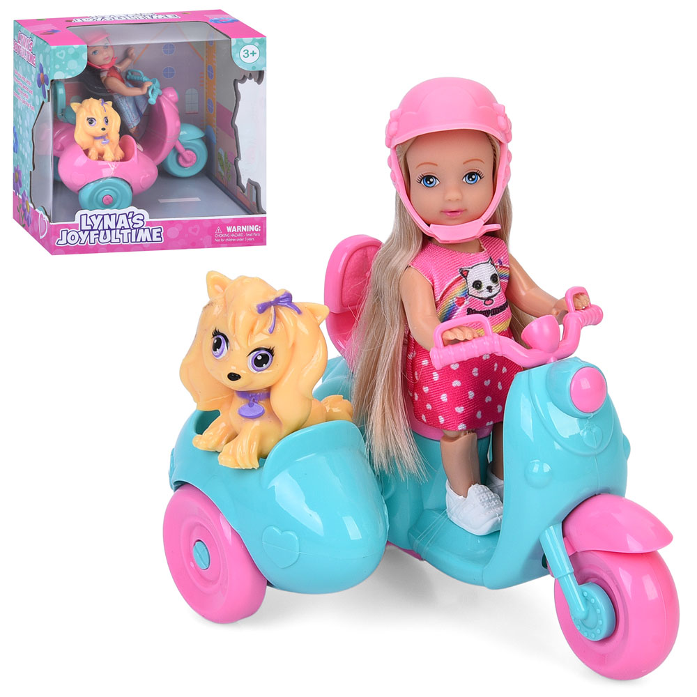 Лялька 3808 11см, шарнірні ноги, мотоцикл 14см, собака 5см, 2 види, в кор-ці, 16-17-10,5см