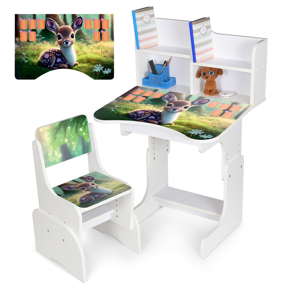 Парта N 2071-3-1 зі стільчиком, регул. висота, оленя, таблиця множення, білий.