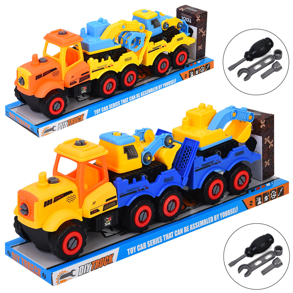 Конструктор 906-337 на шурупах, трейлер з причепом, 33см, будтехніка 12,5см 2шт, рухливі деталі