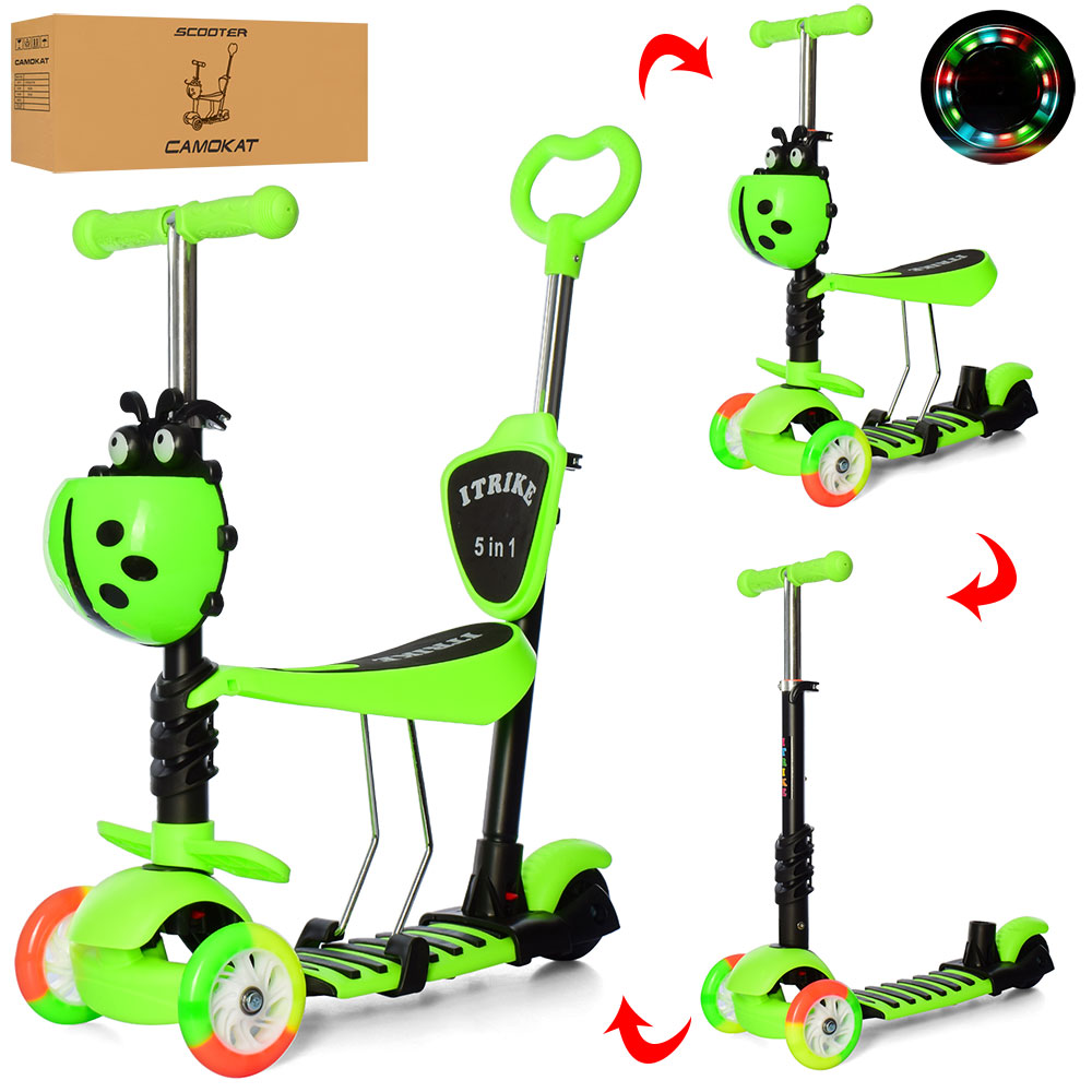 Самокат JR 3-026-C-GR MAXI,5в1(біговел),сталь+плас.,3кол.,2пер.ПУ120мм-світло,ПВХ100мм,кермо,зелений