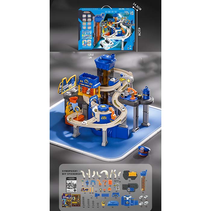 Трек JP588-12 поліція, ліфт, рух.деталі, машинки 8 шт., муз., світло, бат., кор., 57,5-41,5-14,5 см.