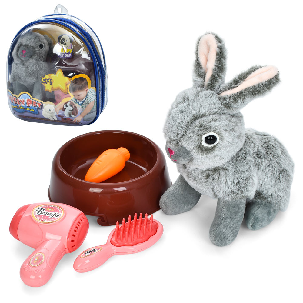 Тварина 908-3 зайчик, набір грумера (фен, гребінець), тарілка, морква, рюкзак, 24-26-12 см.