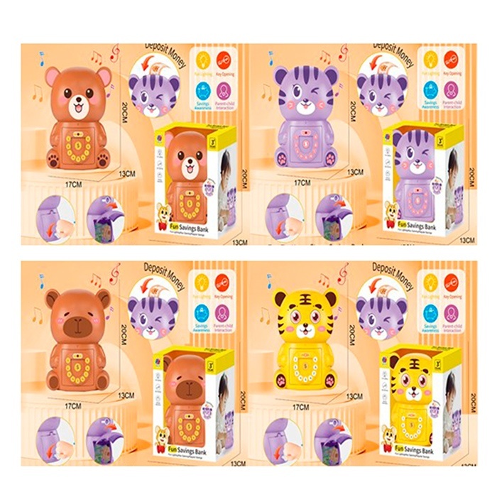 Скарбничка MK 5775 тварина, 19,5см, музика, світло, гроші, 4 види, на бат-ці, в кор-ці, 17-20-13см