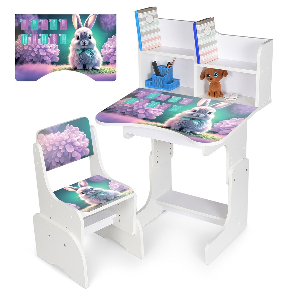 Парта N 2071-1-1 зі стільчиком, регул. висота, зайченя, таблиця множення, білий.