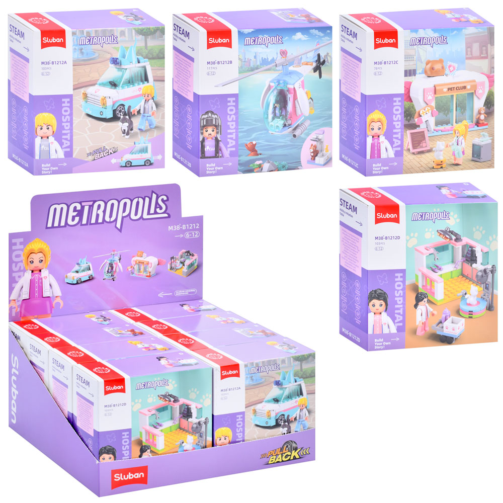 Конструктор SLUBAN M38-B1212 рожева серія,4 види(2в-транспорт,2в-кімнат),фігурка,тварина,8шт.в диспл