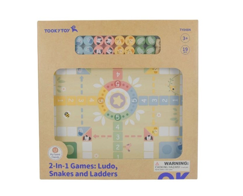 Дерев'яна іграшка TY848N настільна гра, 2в1 (Ludo/Лудо,Snake and Ladders/Змії та сходи),фішки,кубики