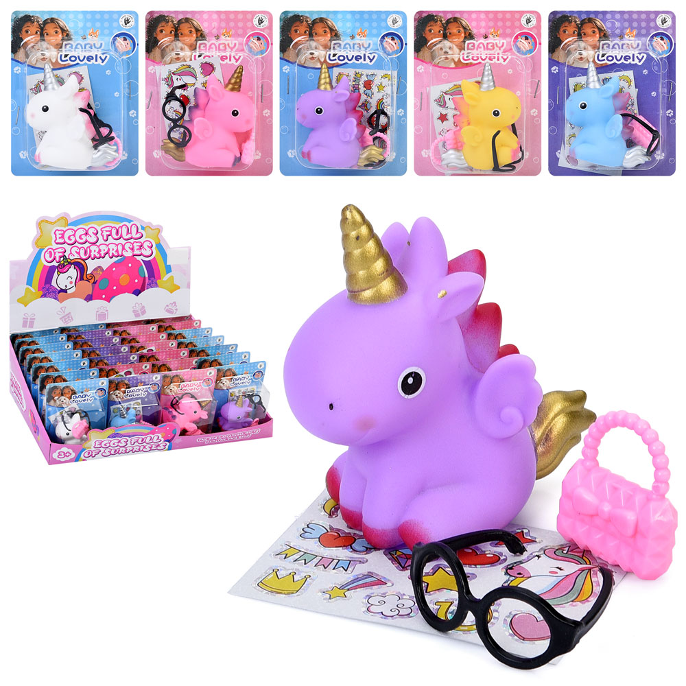 Конячка LD6038K7 єдиноріг 6см, наліпки, окуляри, сумка, на листі, 28шт(мікс видів), в диспл.,