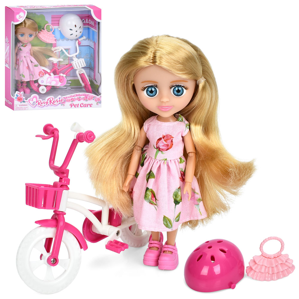 Лялька RR032 16см, шарнірна, велосипед 13см, сумка, шлем, 2 кольори, в кор-ці, 18-20,5-6,5см