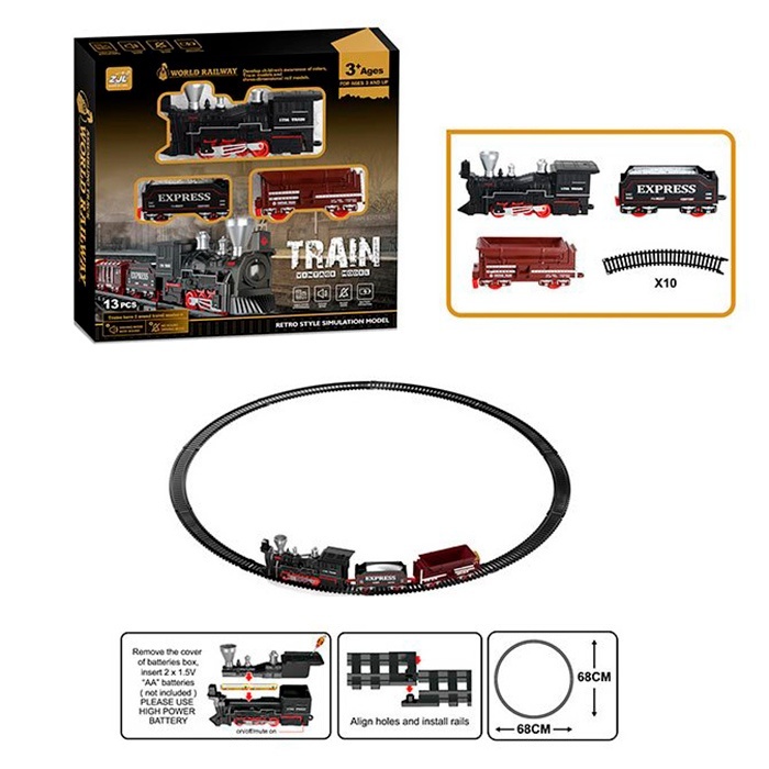 Залізниця 9299-77 локомотив, 2 вагони, 13дет., муз., бат., кор., 27-25-5 см.