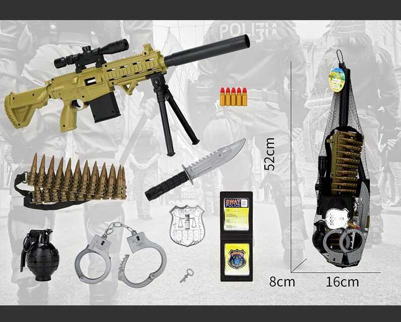 Фотография 1 товарной позиции интернет-магазина детских игрушек www.smarttoys.com.ua Військовий набір JL 555-11 (60/2) гвинтівка, патрони, ніж, наручники, жетон, граната зі звуком, у сітці