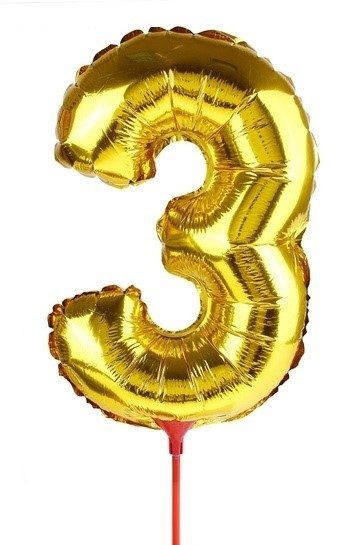 Фольгована кулька цифра "3" золото на паличці 35см Китай