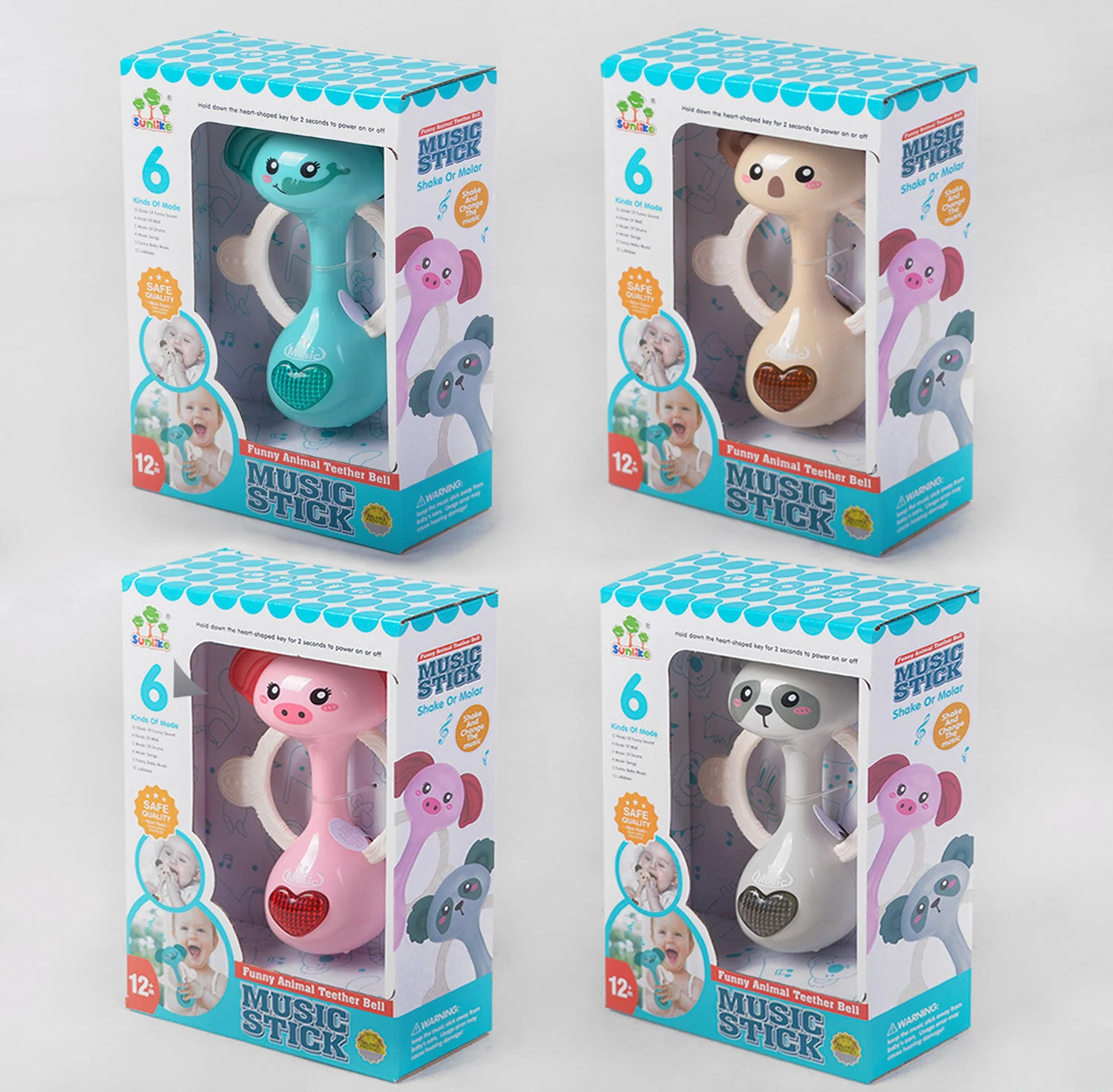 Брязкальце SL 83025 /26/27/28 (96/2) 4 види, на батарейках, 6 музичних режимів, підсвічування, з прорізувачем, в коробці