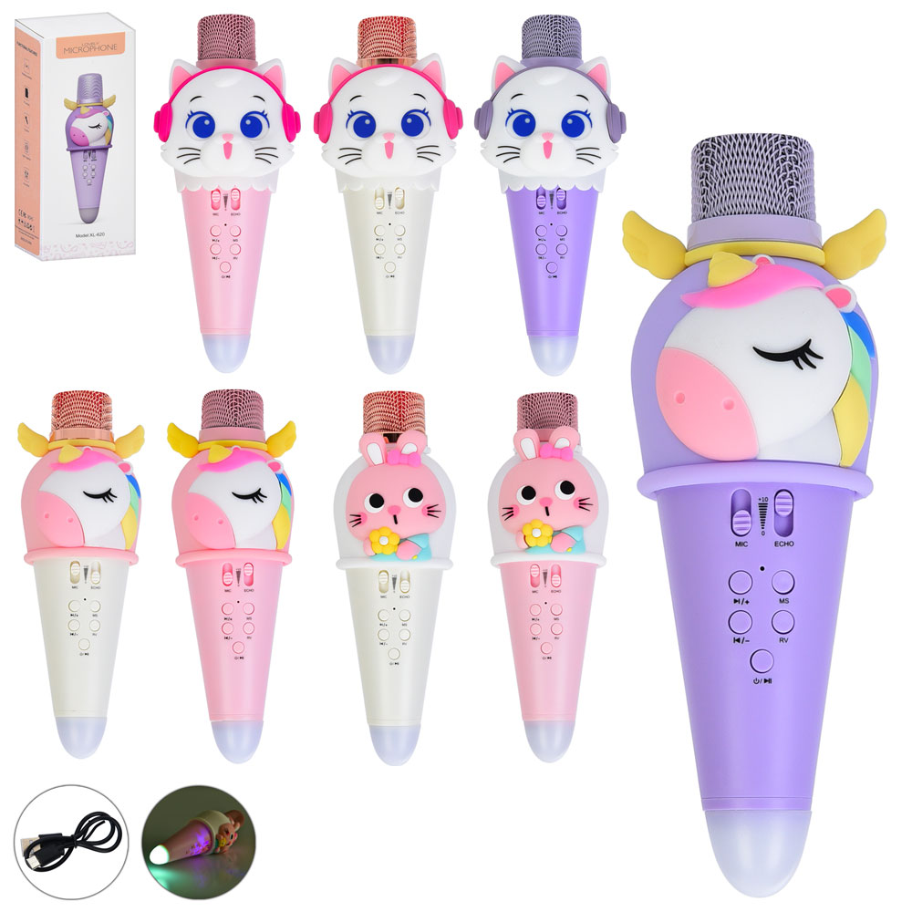 Мікрофон XL-610-620-630 акум., 5W, 1800mA, USB, 3 види/мікс кольорів, світло, кор., 22-9-8 см.