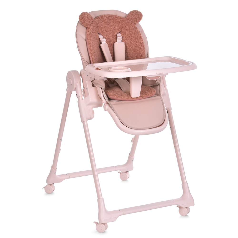 Стільчик ME 1037 CRYSTAL Bear Pink для годування, 5-точ. ремені,матрац,4 колеса,шкіра,букле рожевий