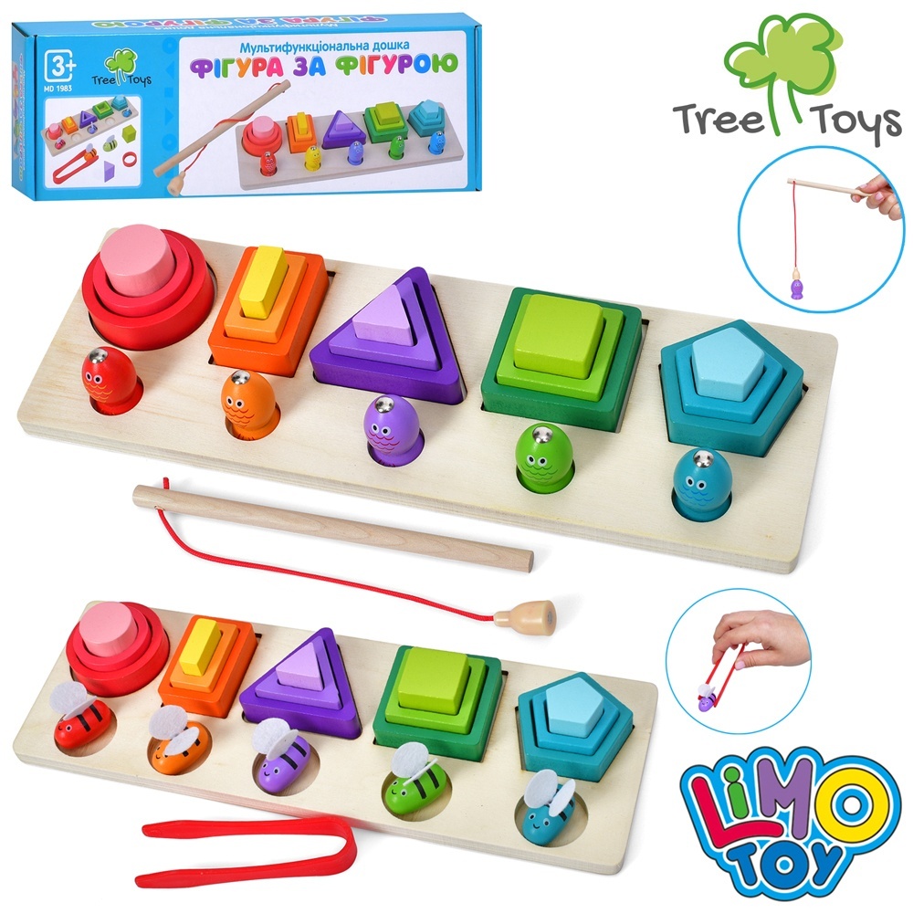 Дерев'яна іграшка Геометрика MD 1983 15 фігур,2 види(риболовля,дістань бджілку),кор.,32,5-10,5-4,5см