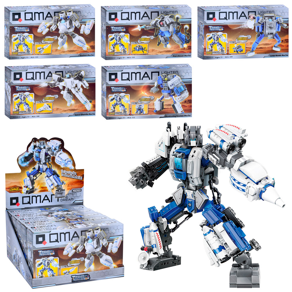Конструктор Qman 41312 2в1(транспорт,робот),від 208дет.,5в1(робот),5видів,5шт.в диспл.,кор.,28-16,5