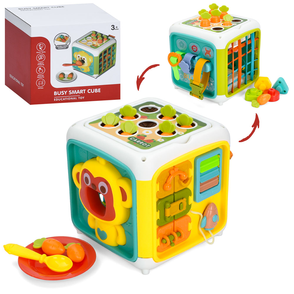 Гра YL562 куб,бізікуб,14,5см,город,гра-нагодуй мавпу,геометрика,засуви,грань-резинки,рух.дет.,в кор.