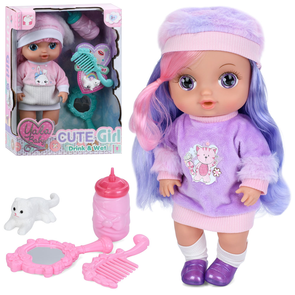 Лялька YL2530L-A-B 30см,п'є-писяє,пляшечка,гребінець,дзерк.,кіт,2 види, в кор.,23,5-32,5-10,5см