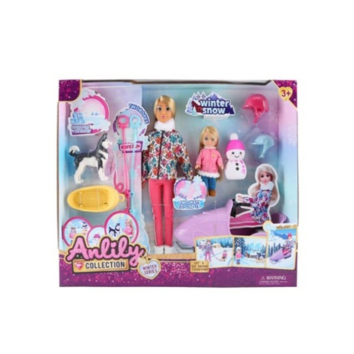 Лялька 616008 шарнірна, з донькою, снігокат, собака, сніговик, кор., 41-33,5-8 см.