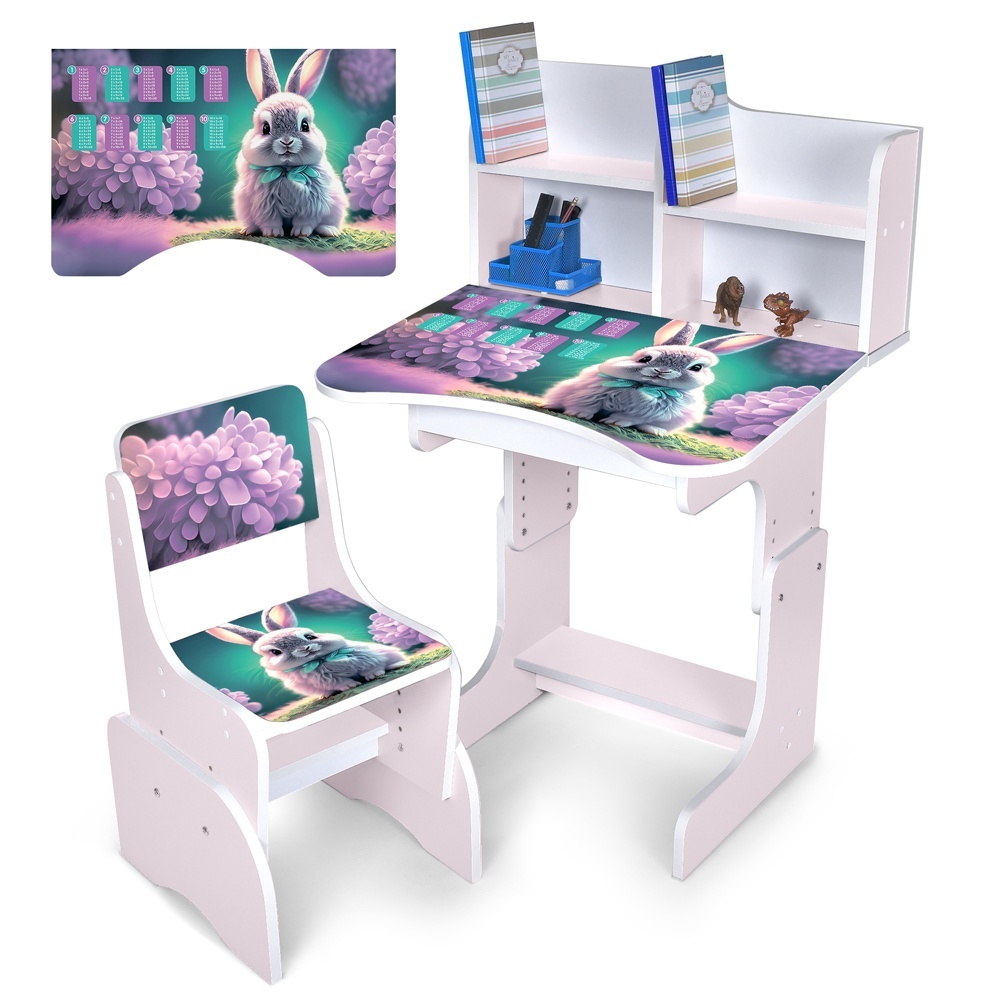Парта N 2071-1-7 зі стільчиком, 69,5х44,5 см., регул. висота, зайченя, таблиця множення, сакура.