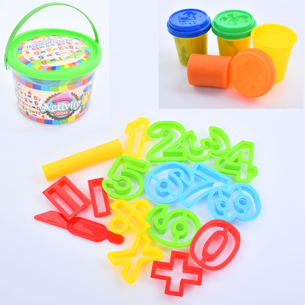 Тісто для ліплення MK 5310 3кольори(баноч.з кришкою),аром.,формочки-цифри,інструм.,відро,10-14-14см