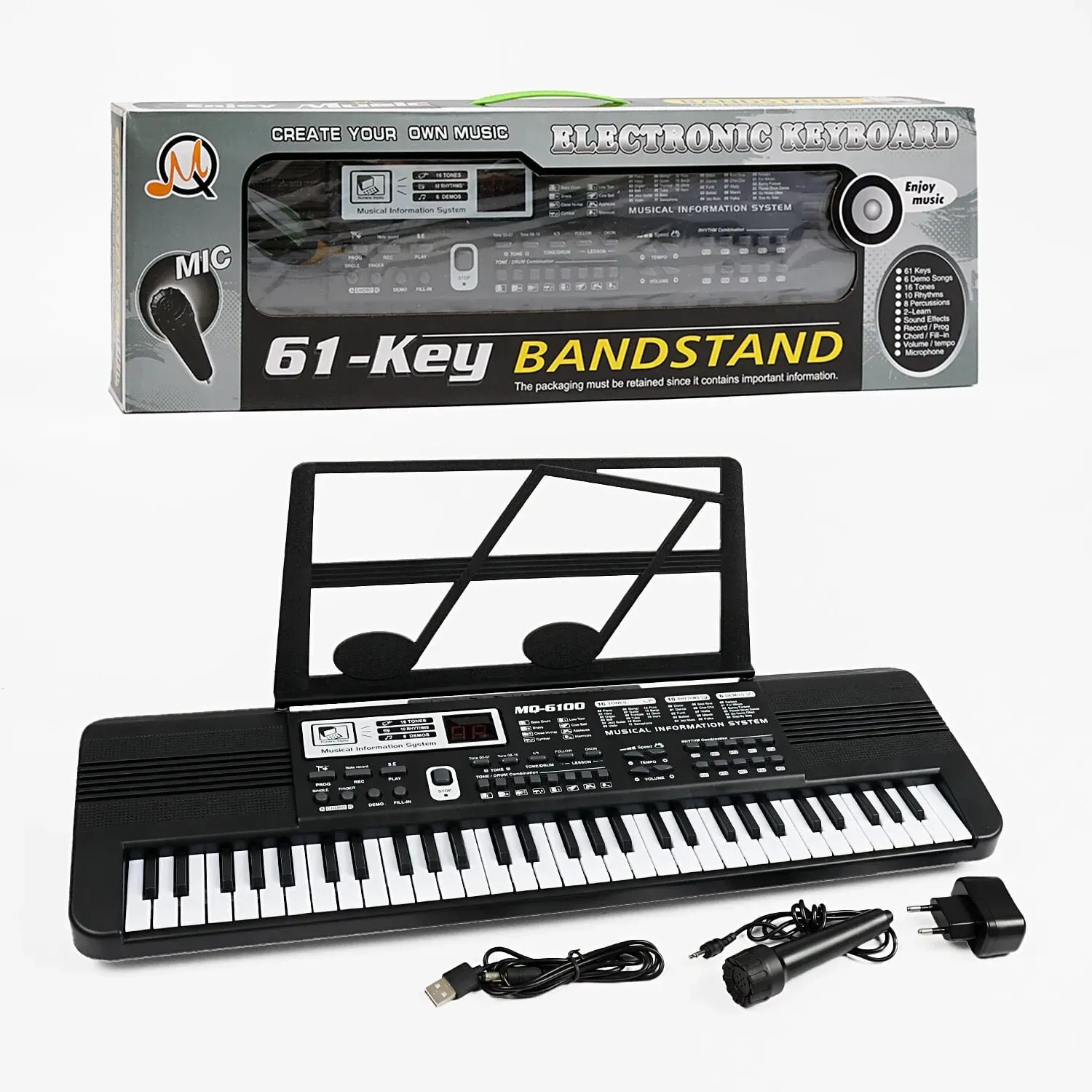 Синтезатор MQ 6100, 61 клавіша, мікрофон, регулювання гучності, дисплей, мелодії, запис та відтворення звуків, працює від мережі та батарейок, USB-каб