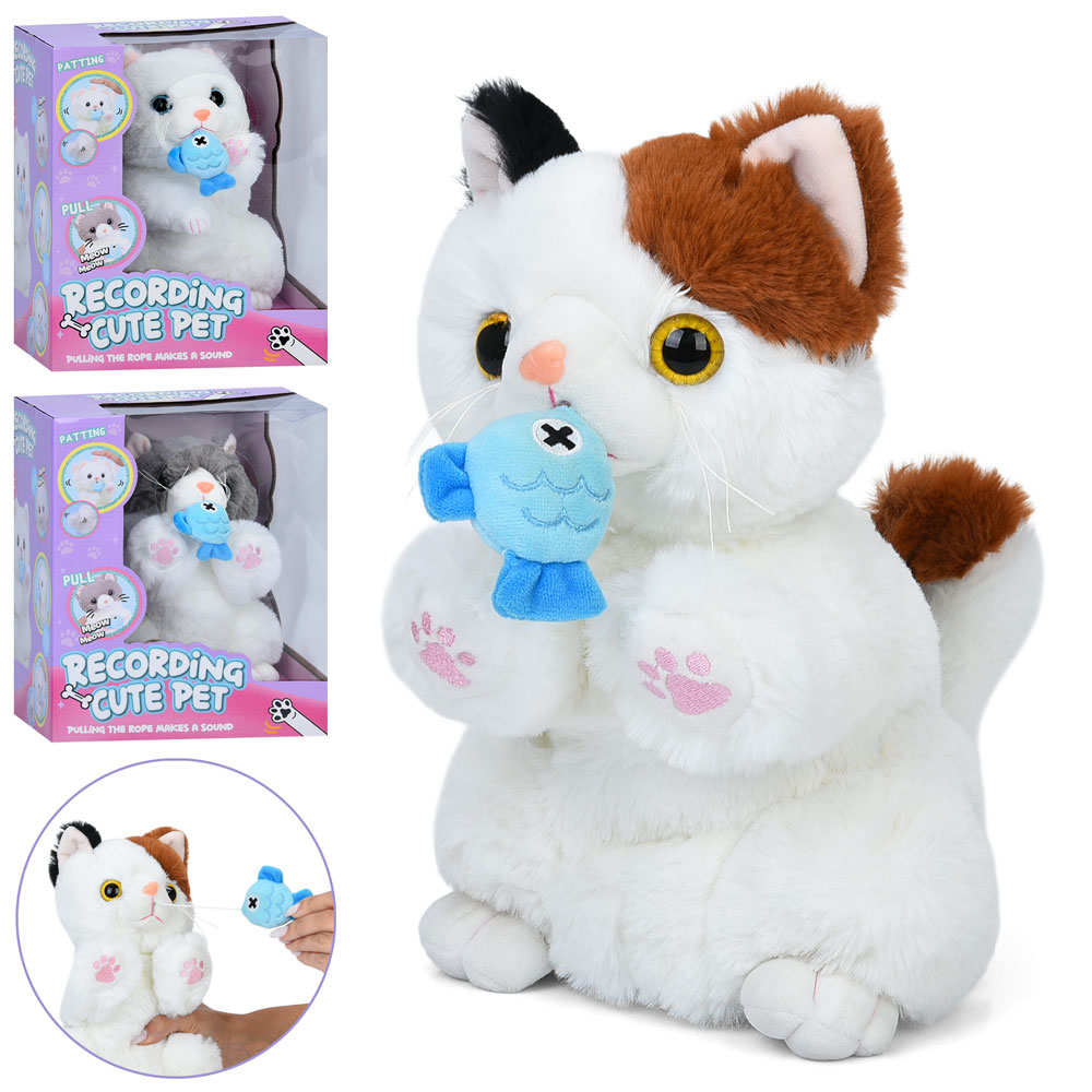 Кіт 933-183E сенсорний, повтор, рухл., рибка заводна, плюш, 3 кольори, муз., бат., кор., 23-29-19 см