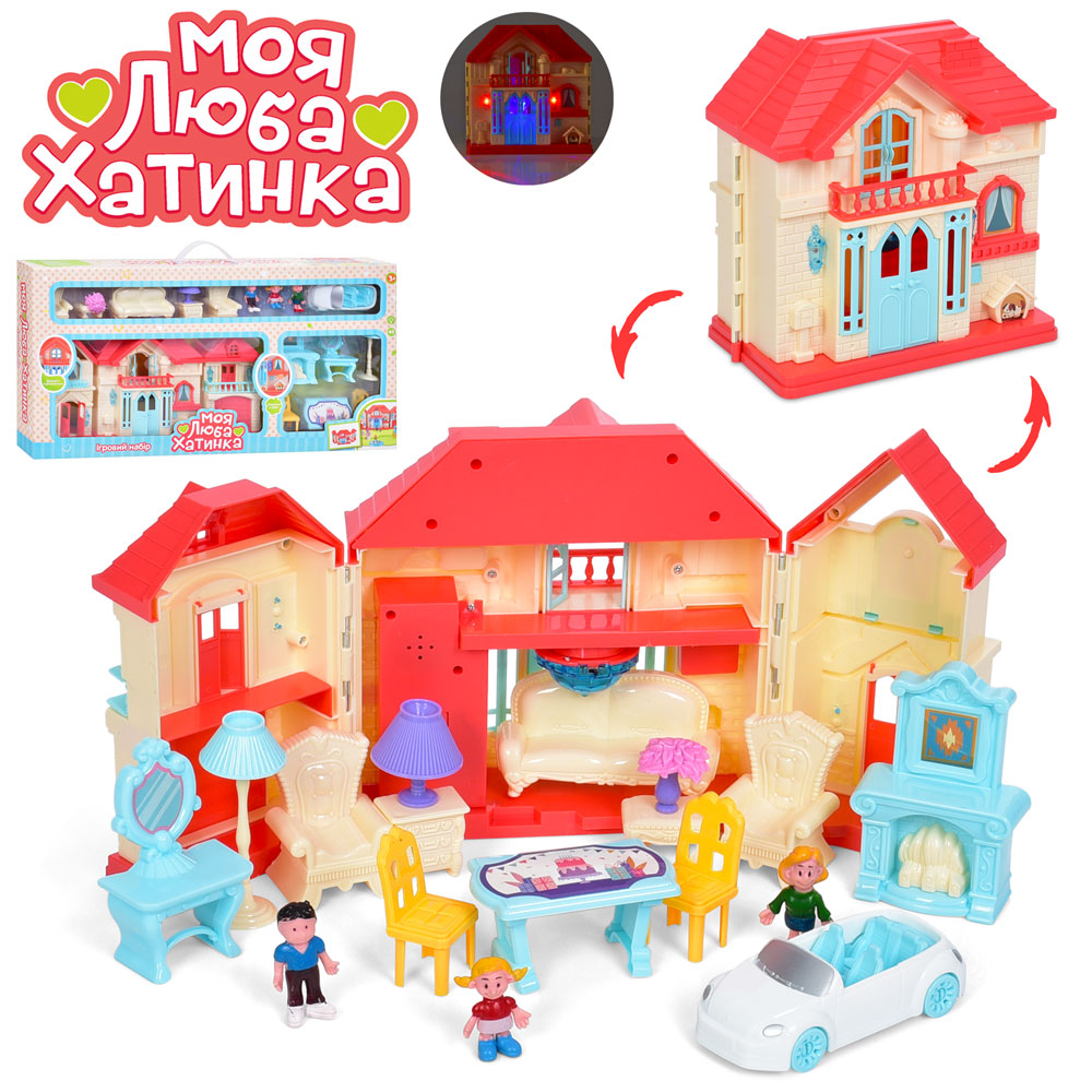 Будиночок WD-933B автомобіль, фігурка 3 шт., меблі, муз., світло, бат., кор., 64-32-8 см.