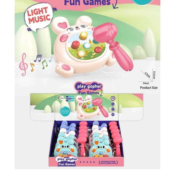 Гра 168-89 зайчик,рух.кнопки,молоточок,2реж.,муз.,світло,бат.,10шт.(2кольори)в диспл.,37-13,5-31,5см