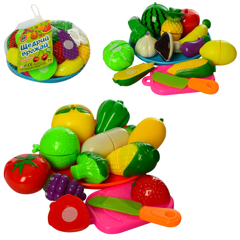Продукти 2018B на липучці, дощечка, тарілка, 2 види (овочі, фрукти), сітка, 15-15-13 см.